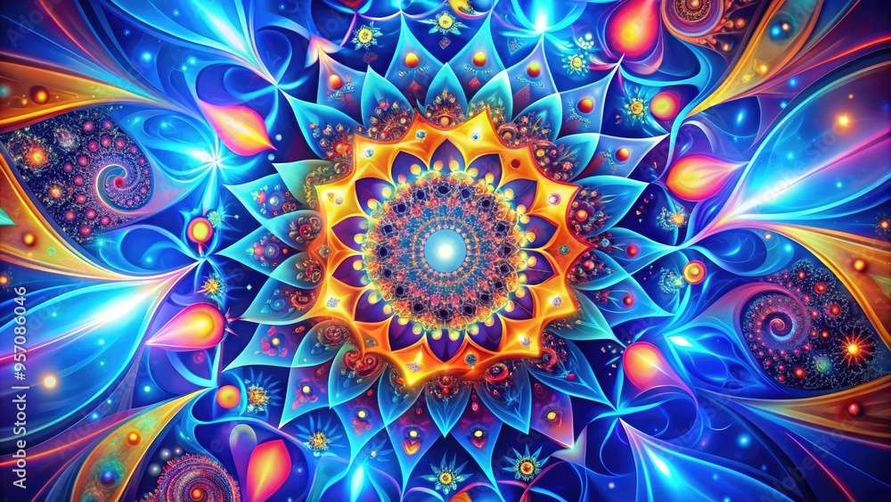 Vibrant geometric shapes and swirling patterns explode in a mesmerizing dance across a bright blue background, creating a visually stunning and energetic digital wallpaper design. Vibrant geometric shapes and swirling patterns explode in a mesmerizing dance across a bright blue background, creating a visually stunning and energetic digital wallpaper design.