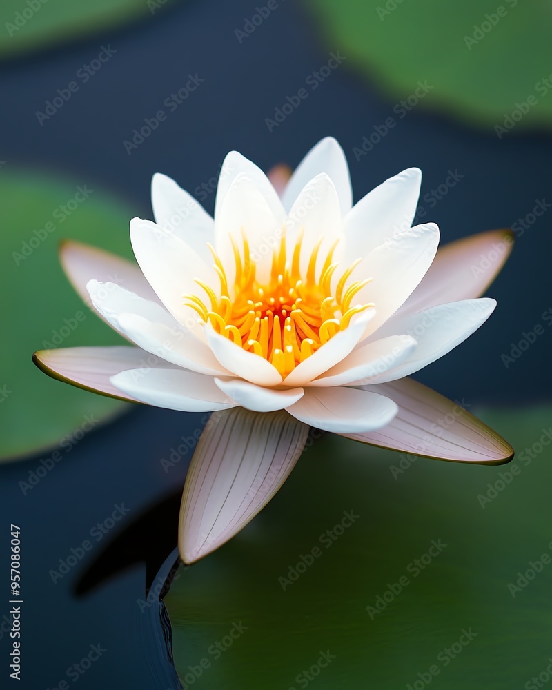 A single white water lily blossom with yellow center, floating on a pond A single white water lily blossom with yellow center, floating on a pond