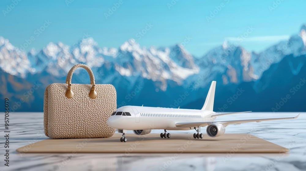 Fototapeta premium A stylish travel scene featuring a model airplane and a designer bag against a breathtaking mountain backdrop.