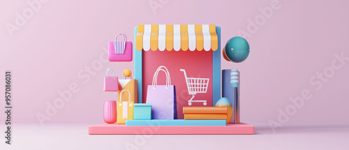 3D rendered product carousel on virtual shopping display, featuring colorful shopping bags and shopping cart, creating vibrant shopping atmosphere.