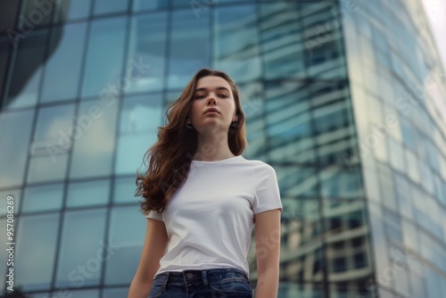 A young woman in casual attire confidently stands before a modern glass building, embodying contemporary urban style and empowerment.