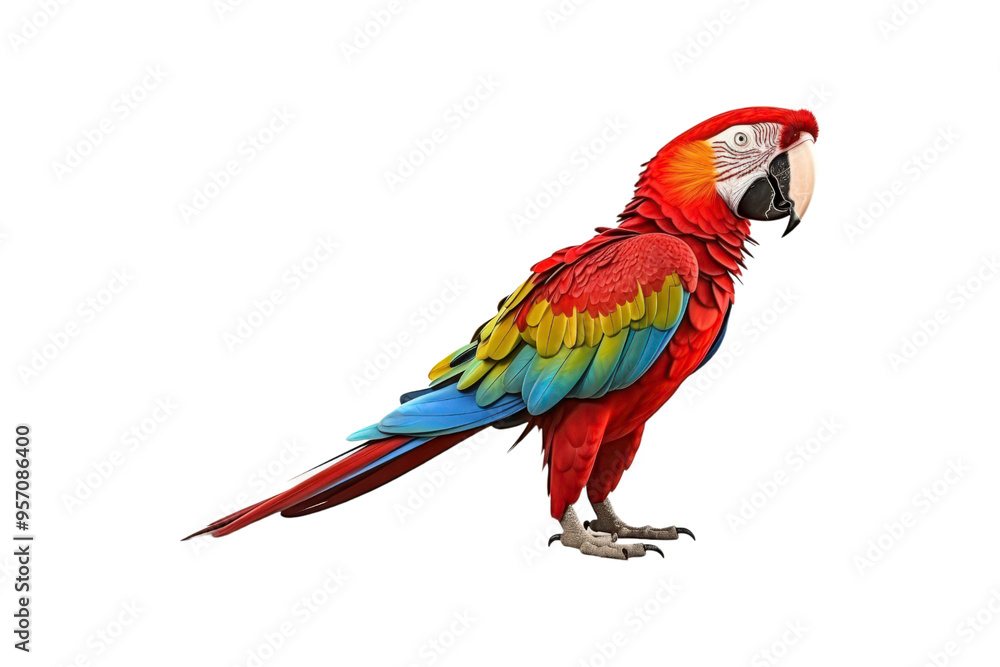 Fototapeta premium Scarlet macaw posing on a white backdrop is perfect for tropical-themed designs, birdwatching articles, wildlife conservation campaigns, or vibrant nature concepts