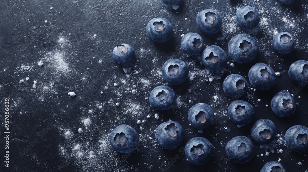 Flat Lay of blueberries scattered across a dark slate background with a hint of powdered sugar, emphasizing their rich blue color and natural sheen, hyper-realistic, high detail, photorealistic