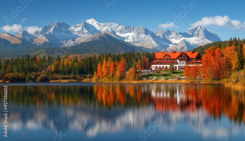 A panoramic view of mountain lake Strbske pleso (Strbske lake) in autumn. High Tatras national park, Slovakia.