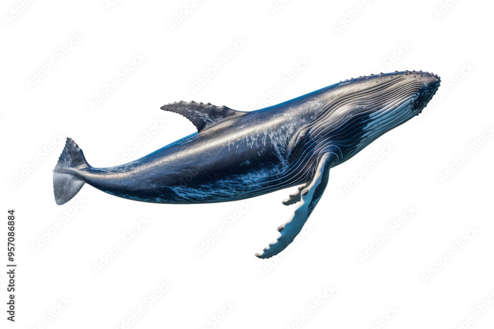 Fototapeta premium A whale jumps from the water, splashing water. Suitable for marine conservation, marine life education, holiday promotions, and wildlife documentaries