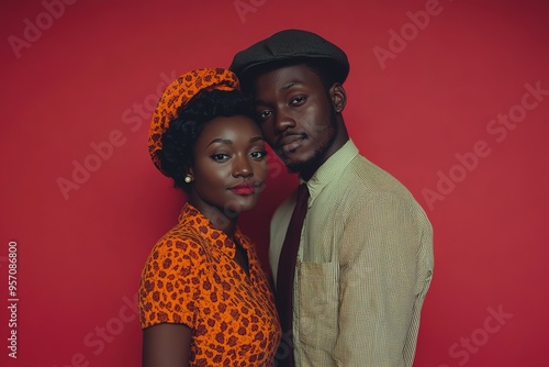 Stylish couple in vintage attire on red background