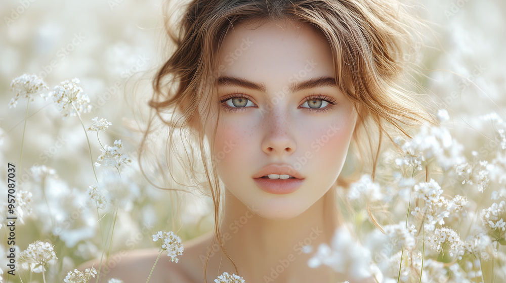 a beautiful model standing in a field of wild flower, portrait photography, sunny day, suitable for beauty industry, fashion, skincare, perfume a beautiful model standing in a field of wild flower, portrait photography, sunny day, suitable for beauty industry, fashion, skincare, perfume
