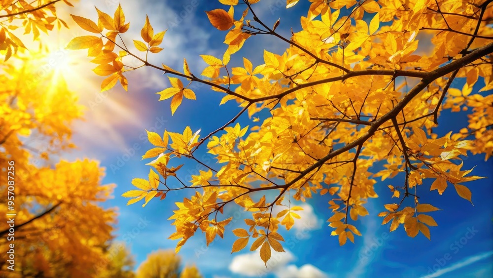 Vibrant golden leaves and delicate twigs create a warm, natural backdrop against a soft, gradient blue sky, evoking a sense of serenity and tranquility. Vibrant golden leaves and delicate twigs create a warm, natural backdrop against a soft, gradient blue sky, evoking a sense of serenity and tranquility.