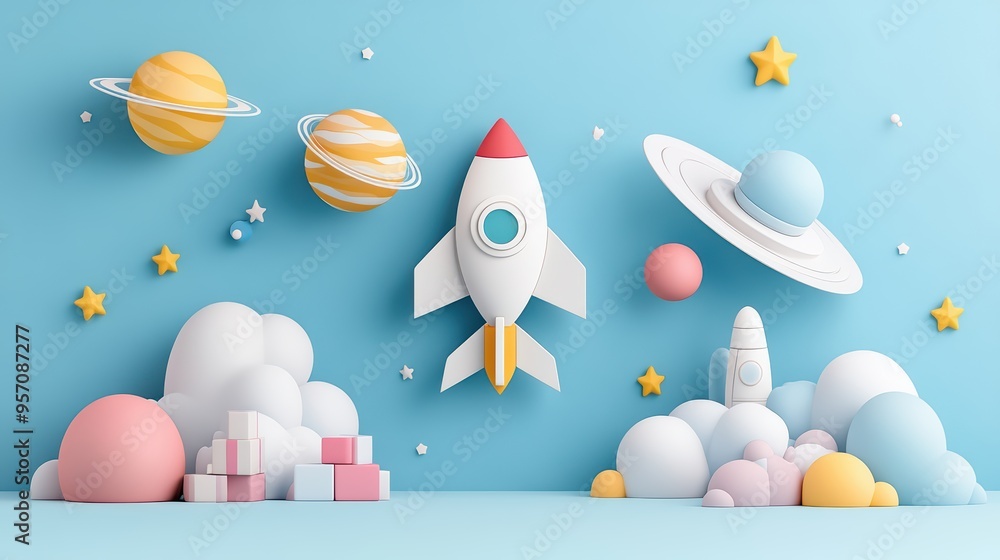 Colorful 3D illustration of a rocket with planets and clouds, perfect for children's themes, education, or space exploration. Colorful 3D illustration of a rocket with planets and clouds, perfect for children's themes, education, or space exploration.