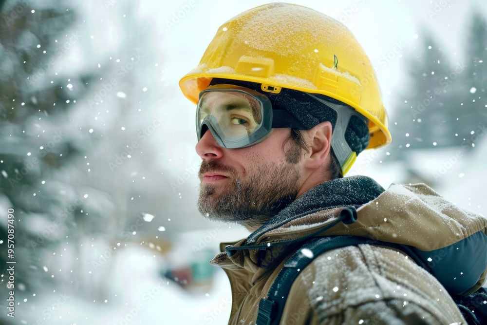 A bearded man in a yellow hard hat and goggles, standing in a snowy outdoor setting, gazing into the distance, capturing a moment of contemplation amidst work. A bearded man in a yellow hard hat and goggles, standing in a snowy outdoor setting, gazing into the distance, capturing a moment of contemplation amidst work.