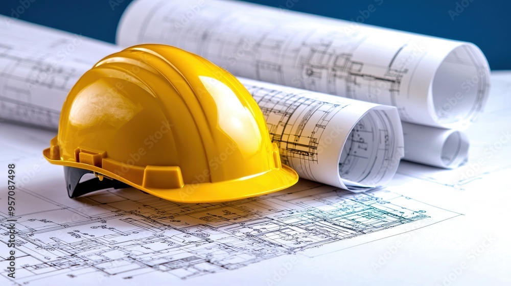 A bright yellow hard hat rests on rolled construction blueprints, symbolizing safety and planning in the building industry. A bright yellow hard hat rests on rolled construction blueprints, symbolizing safety and planning in the building industry.
