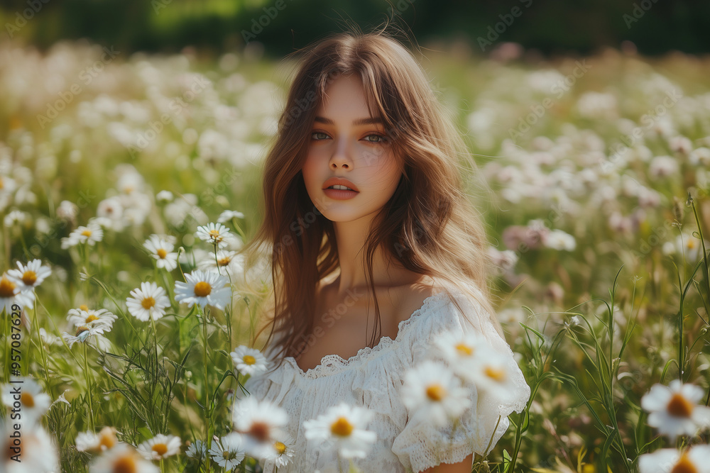 a beautiful model standing in a field of wild flower, portrait photography, sunny day, suitable for beauty industry, fashion, skincare, perfume a beautiful model standing in a field of wild flower, portrait photography, sunny day, suitable for beauty industry, fashion, skincare, perfume