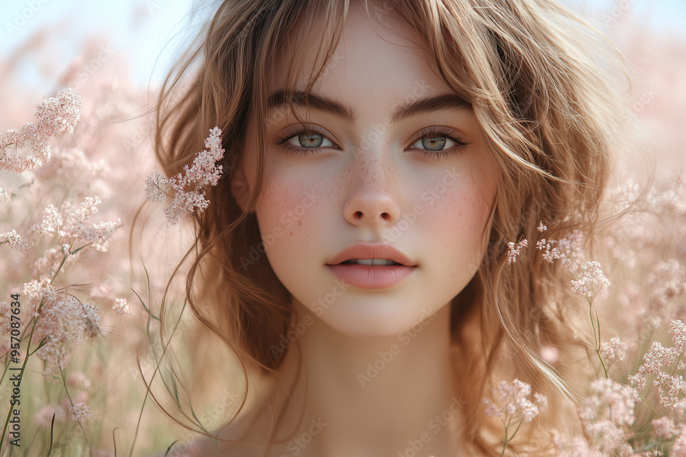 a beautiful model standing in a field of wild flower, portrait photography, sunny day, suitable for beauty industry, fashion, skincare, perfume a beautiful model standing in a field of wild flower, portrait photography, sunny day, suitable for beauty industry, fashion, skincare, perfume