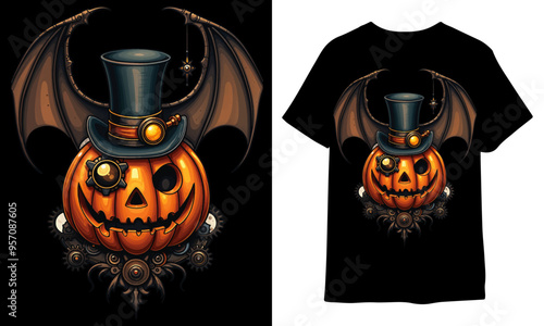 Steampunk Pumpkin with Bat Wings Halloween T-Shirt