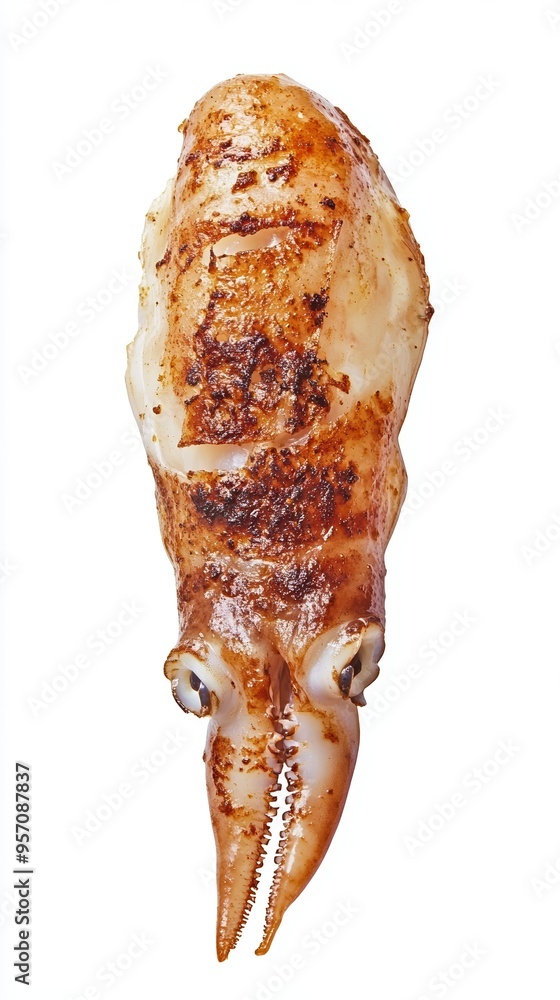 Succulent Grilled Squid with Perfect Grill Marks Isolated on White Background Succulent Grilled Squid with Perfect Grill Marks Isolated on White Background