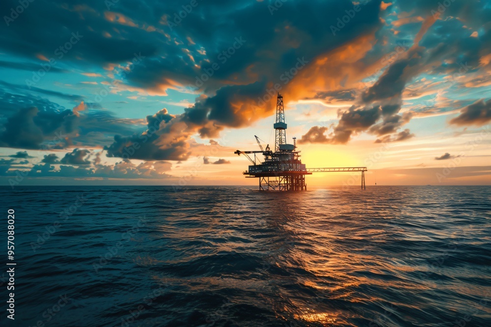 Obraz premium Offshore Oil Rig at Sunset with Dramatic Sky