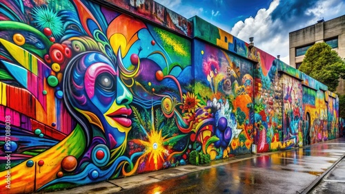 Vibrant graffiti art explodes off a concrete wall, surrounded by dynamic splashes of colorful paint, creating a bold and edgy urban street art scene.
