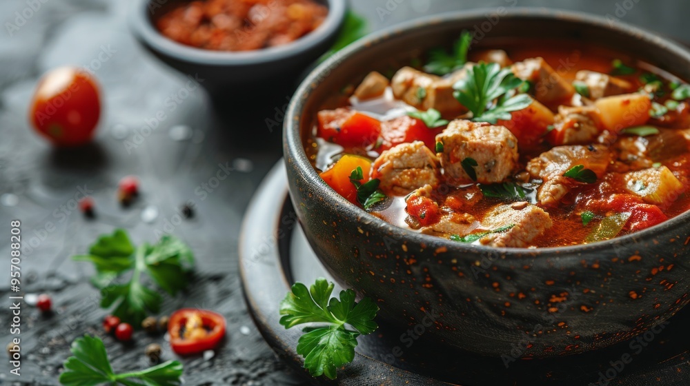 A bowl of soup with meat and vegetables on a plate A bowl of soup with meat and vegetables on a plate