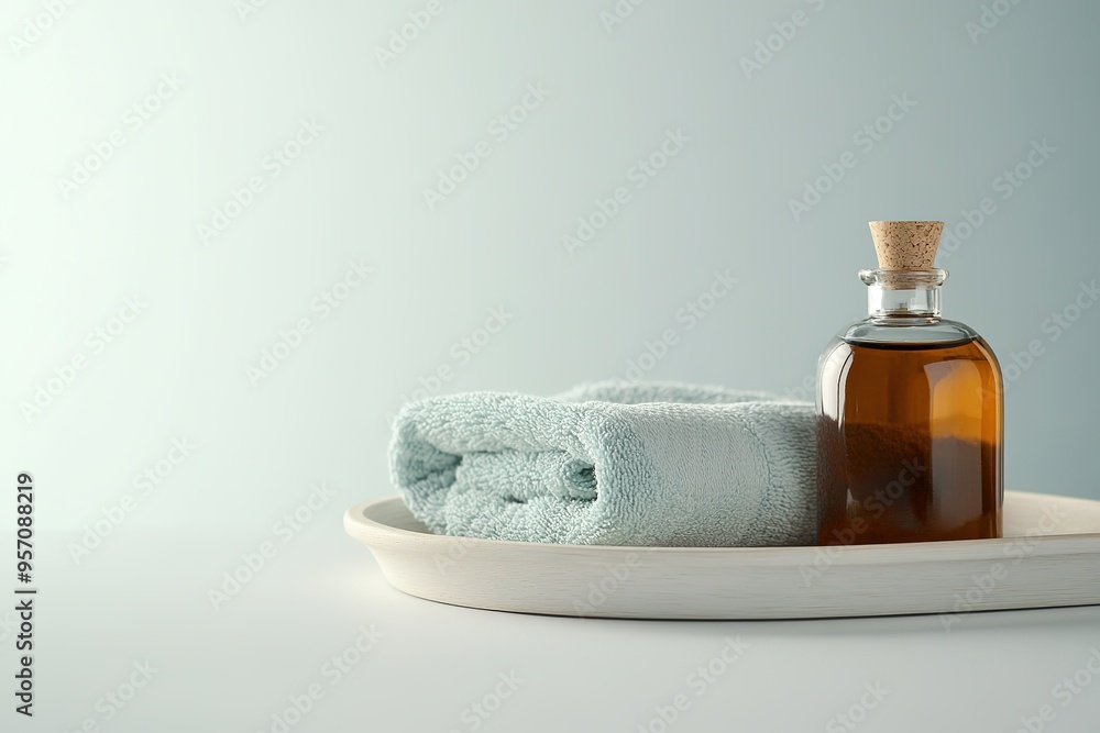 Amber glass bottle with blue towel on white tray. Amber glass bottle with blue towel on white tray.