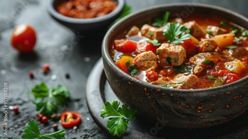 A bowl of soup with meat and vegetables on a plate