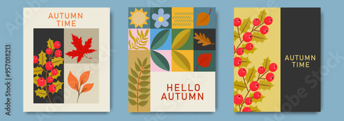 Autumn greeting card designs with colorful leaves, berries, and modern geometric patterns. Autumn background, cover, sale banner, advertising