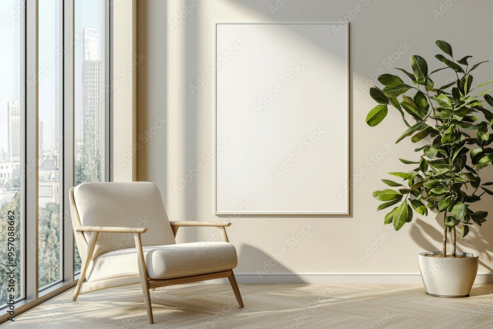 Poster Frame in Beige minimalist living room interior created with generative AI Poster Frame in Beige minimalist living room interior created with generative AI
