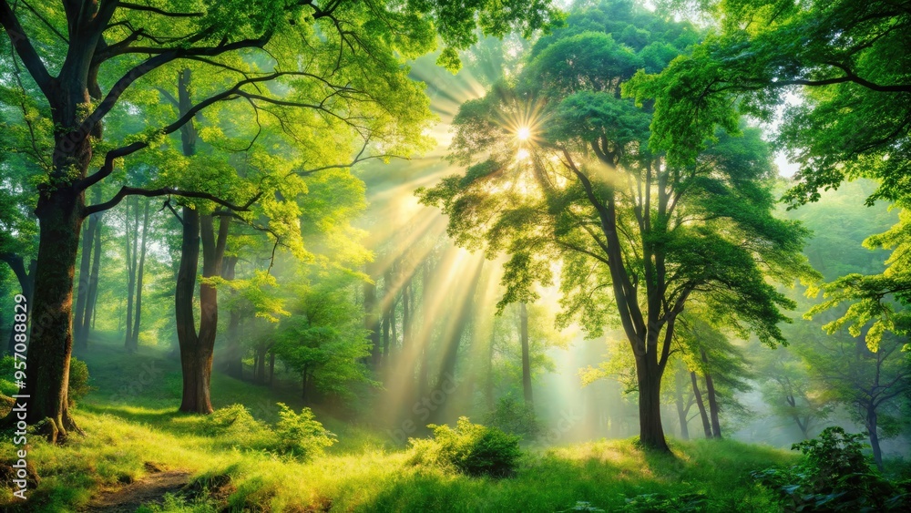 Fototapeta premium Serene natural background featuring lush green foliage, misty atmosphere, and warm sunlight filtering through trees, evoking a sense of harmony with the environment.