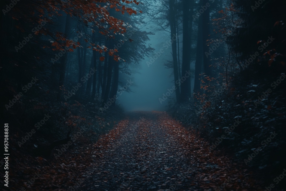 Fototapeta premium This is a beautiful, foggy, autumn forest with a path leading forward. A footpath is enclosed by tall yellow trees.
