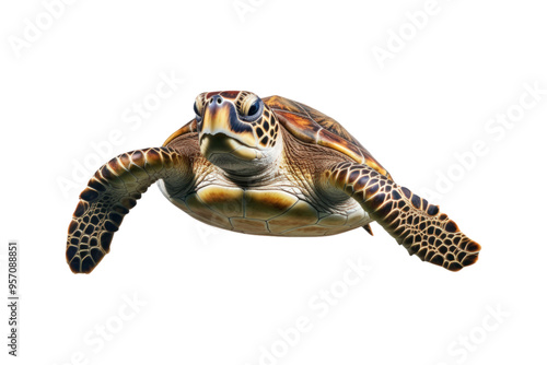 close up of a sea turtle on a white backdrop. Ideal for instructional materials on environmental issues, conservation, and marine life photo