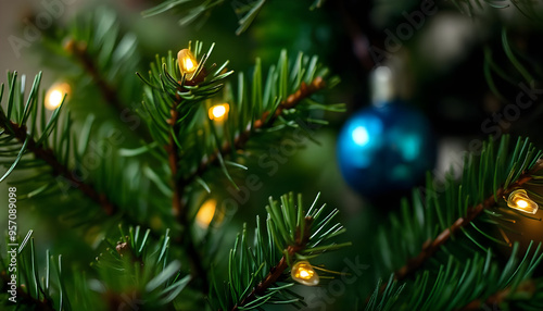 Close-up of Red Christmas Ornaments on a Snowy Tree Branch with Lights