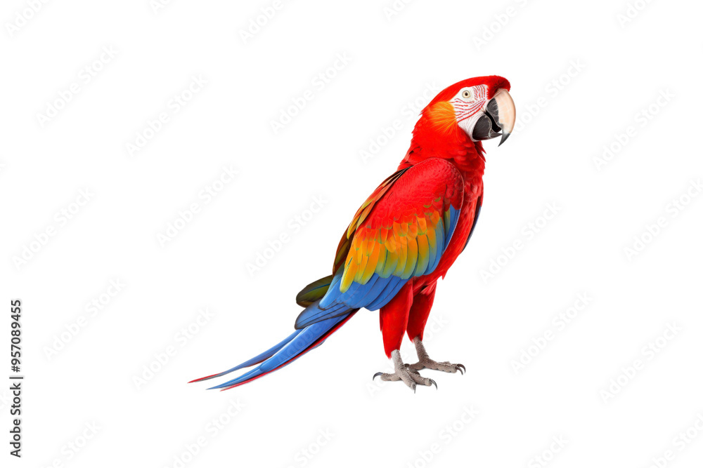 Scarlet macaw posing on a white backdrop is perfect for tropical-themed designs, birdwatching articles, wildlife conservation campaigns, or vibrant nature concepts Scarlet macaw posing on a white backdrop is perfect for tropical-themed designs, birdwatching articles, wildlife conservation campaigns, or vibrant nature concepts