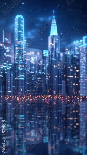 Wallpaper Mural A futuristic city skyline at night with glowing buildings and reflections in water, creating a vibrant and dynamic urban atmosphere. Torontodigital.ca