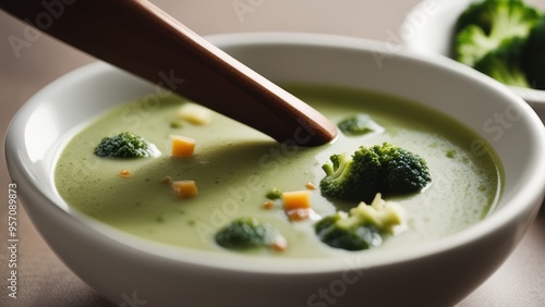 Bowl of steaming vegetable soup with broccoli florets and spoon.