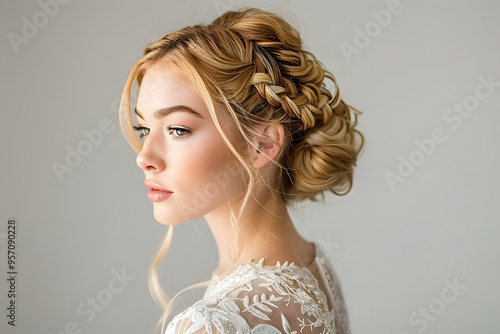 Blonde Model with Braided Bun and Elegant Pose for Wedding