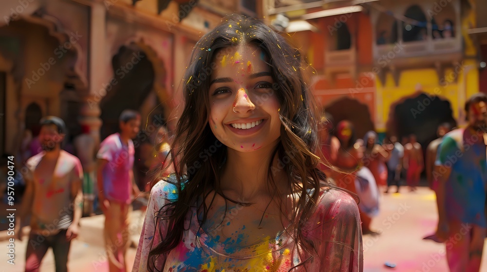 cheerful young woman stands in a colorful setting, her clothes and face splashed with vibrant powders, embodying the festive spirit of Holi. Ideal for themes of joy, celebration, and cultural cheerful young woman stands in a colorful setting, her clothes and face splashed with vibrant powders, embodying the festive spirit of Holi. Ideal for themes of joy, celebration, and cultural