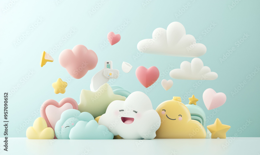 Cute and colorful 3D clouds, hearts, and stars create joyful scene, perfect for expressing love and happiness. Cute and colorful 3D clouds, hearts, and stars create joyful scene, perfect for expressing love and happiness.