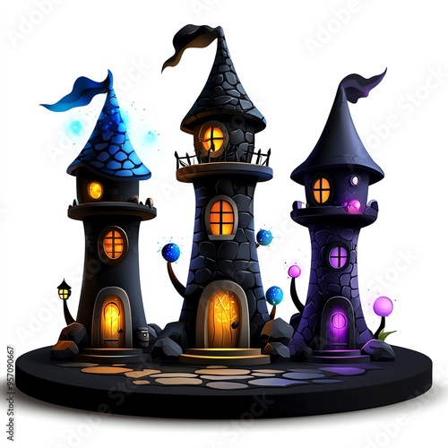 A whimsical trio of enchanted towers with colorful lights, ideal for fantasy stories and magical illustrations. photo