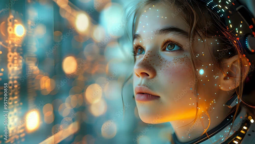 futuristic portrait of a young girl gazing at glowing digital lights, her face illuminated with intricate patterns, embodying curiosity and connection with advanced technology. futuristic portrait of a young girl gazing at glowing digital lights, her face illuminated with intricate patterns, embodying curiosity and connection with advanced technology.