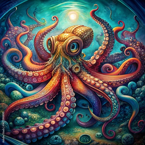Wallpaper Mural Vibrant Octopus in a Fantasy Underwater World with Bright Colors Torontodigital.ca