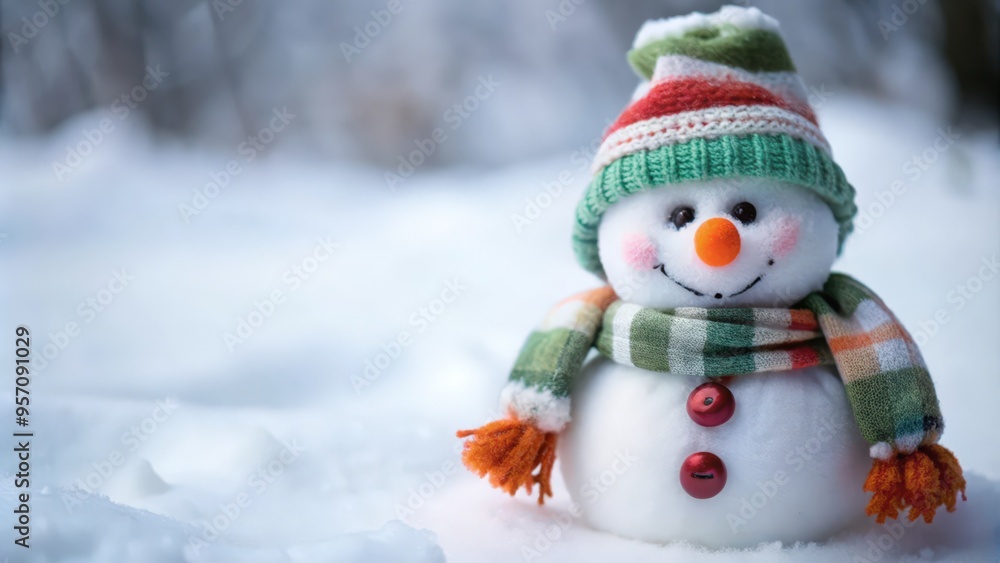 Fototapeta premium A Cheerful Snowman Wearing a Green Knit Hat and Scarf