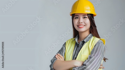 A confident female construction worker wearing a hard hat and safety vest, smiling with her arms crossed. Ideal for themes related to construction, engineering, and women in STEM.