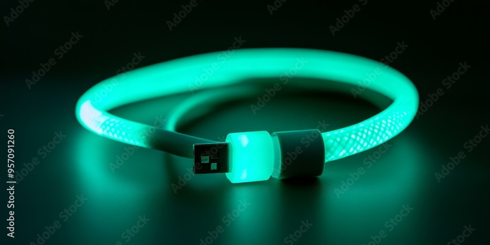 Glowing green USB cable on a dark surface. Glowing green USB cable on a dark surface.