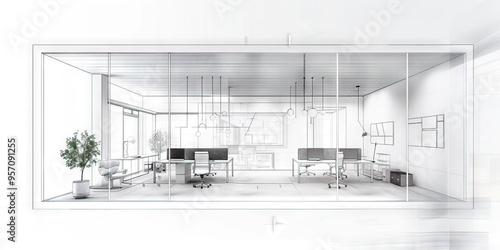 Office Layout: A blueprint sketch of a modern office layout, highlighting the flow of movement between departments.  photo