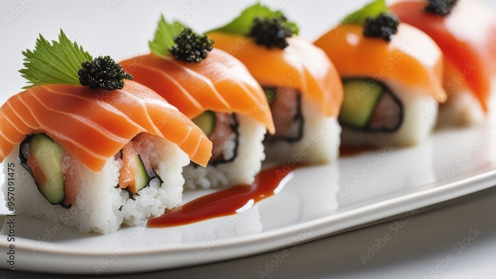 Close-up of sushi rolls with salmon/tuna microgreens and soy sauce drizzle on a white platter. Close-up of sushi rolls with salmon/tuna microgreens and soy sauce drizzle on a white platter.