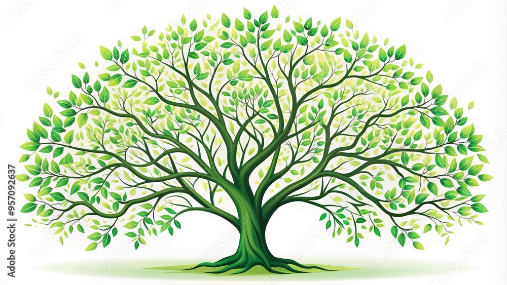 Vibrant green tree with intricate vector branches and delicate leaves unfurls against a soft white background, evoking springtime renewal and natural elegance. Vibrant green tree with intricate vector branches and delicate leaves unfurls against a soft white background, evoking springtime renewal and natural elegance.