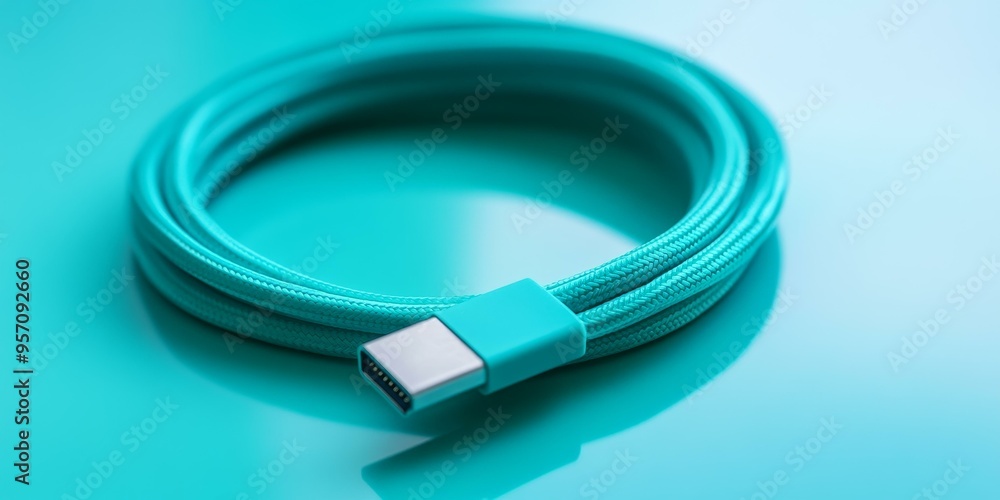 Teal braided charging cable on blue background. Teal braided charging cable on blue background.