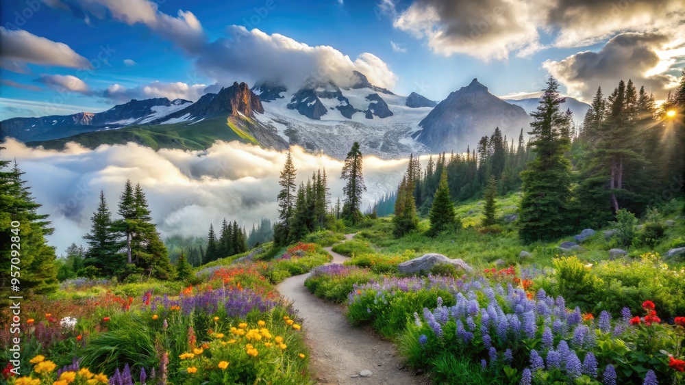Φωτογραφία Serene wilderness hike along misty mountain trail, vibrant wildflowers blooming, lush green forest surrounded by majestic snow-capped peaks, tranquil atmosphere