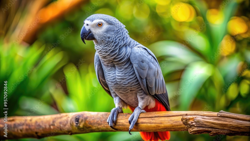 Fototapeta premium Vibrant grey parrot perches on a wooden branch, displaying its bright orange beak and vibrant blue flight feathers, set against a soft, blurred natural background.