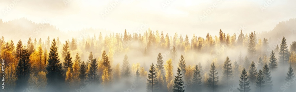 Fog in the autumn forest, haze over autumn trees, 3D rendered Fog in the autumn forest, haze over autumn trees, 3D rendered