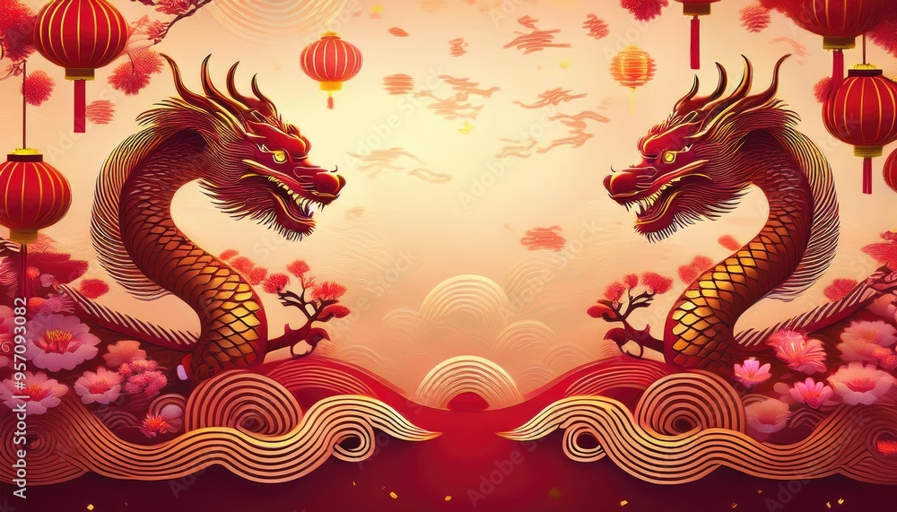 A vibrant illustration of two dragons amidst bamboo, flowers, and lanterns, symbolizing strength and fortune in a festive setting. A vibrant illustration of two dragons amidst bamboo, flowers, and lanterns, symbolizing strength and fortune in a festive setting.